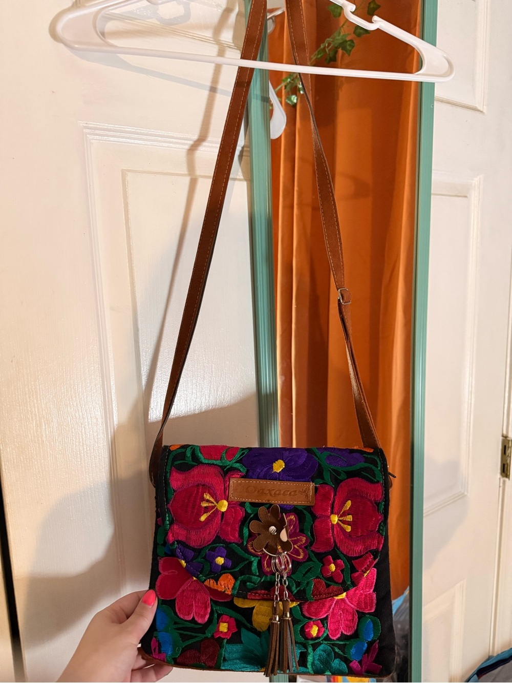 Embroidered Floral Crossbody Bag — Brown Strap, Multicolor Embroidery